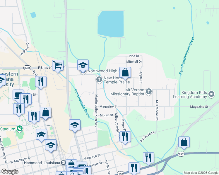 map of restaurants, bars, coffee shops, grocery stores, and more near 1100 Harvey Street in Hammond