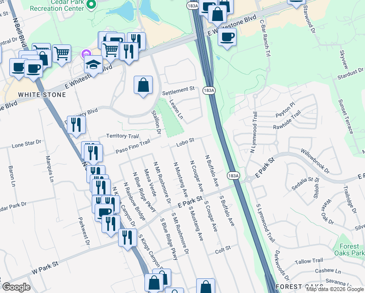 map of restaurants, bars, coffee shops, grocery stores, and more near 305 North Cougar Avenue in Cedar Park