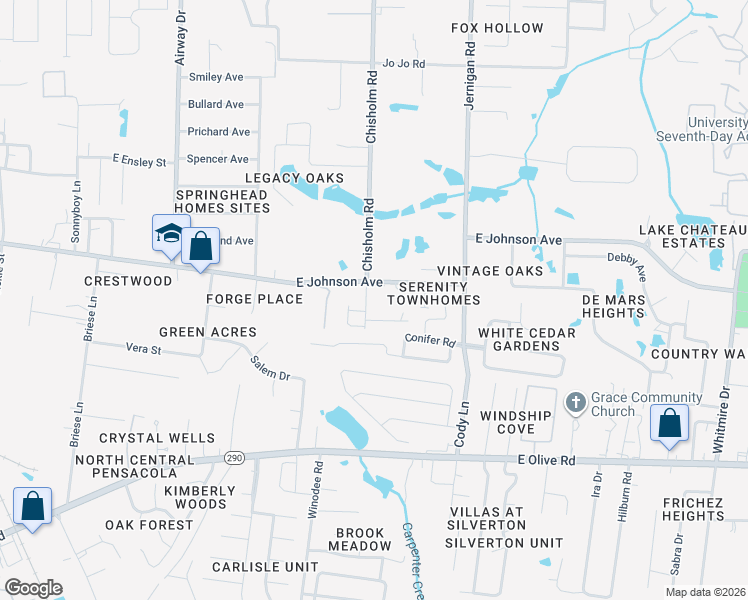 map of restaurants, bars, coffee shops, grocery stores, and more near 8444 Chisholm Road in Pensacola