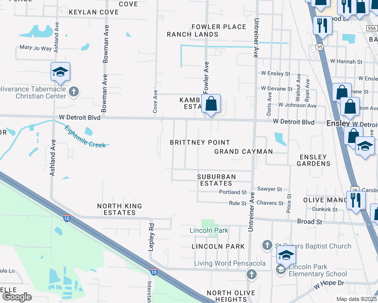 map of restaurants, bars, coffee shops, grocery stores, and more near 8240 Ranger Drive in Pensacola