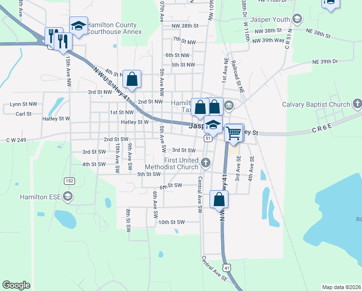 map of restaurants, bars, coffee shops, grocery stores, and more near 207 4th Street Southwest in Jasper