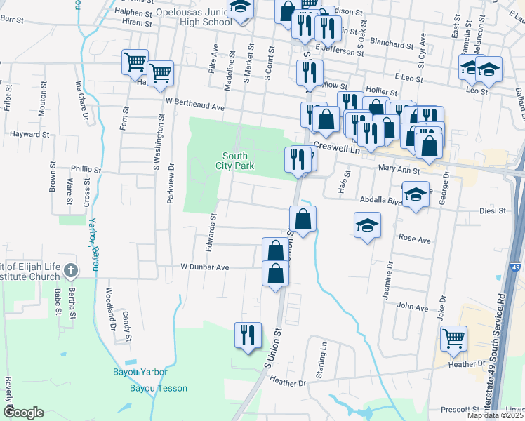 map of restaurants, bars, coffee shops, grocery stores, and more near 100-298 East Andrus Avenue in Opelousas