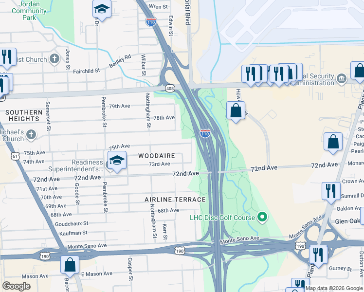 map of restaurants, bars, coffee shops, grocery stores, and more near 7365 Sussex Street in Baton Rouge