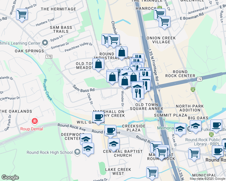 map of restaurants, bars, coffee shops, grocery stores, and more near 1204 Sam Bass Circle in Round Rock
