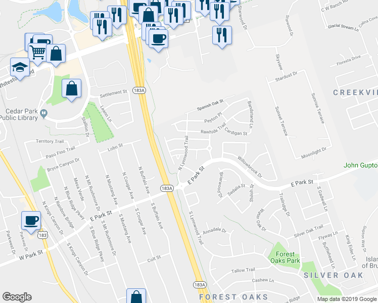 map of restaurants, bars, coffee shops, grocery stores, and more near 217 North Lynnwood in Cedar Park