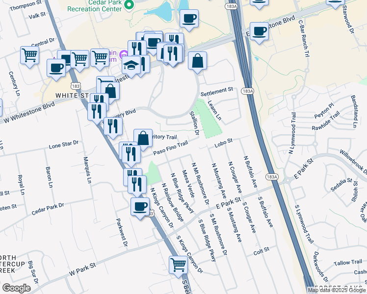 map of restaurants, bars, coffee shops, grocery stores, and more near 618 Paso Fino Trail in Cedar Park