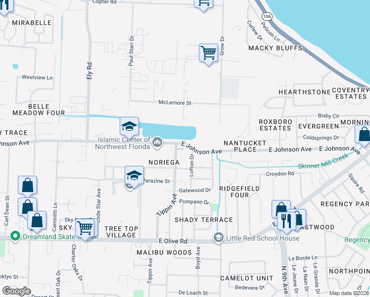 map of restaurants, bars, coffee shops, grocery stores, and more near 3505 Mossy Oak Villas Circle in Pensacola