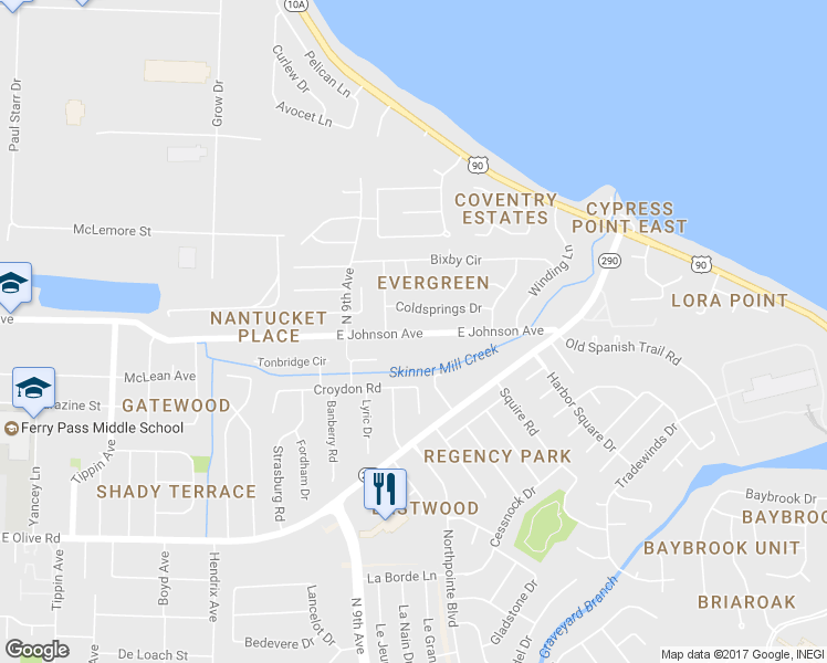 map of restaurants, bars, coffee shops, grocery stores, and more near 4210 East Johnson Avenue in Pensacola
