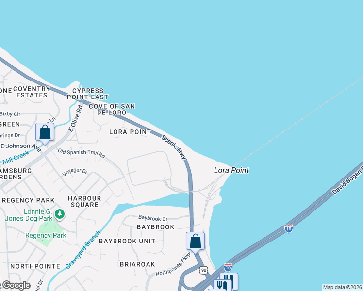 map of restaurants, bars, coffee shops, grocery stores, and more near 8550 Scenic Highway in Pensacola