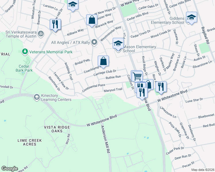 map of restaurants, bars, coffee shops, grocery stores, and more near 1906 Continental Pass in Cedar Park