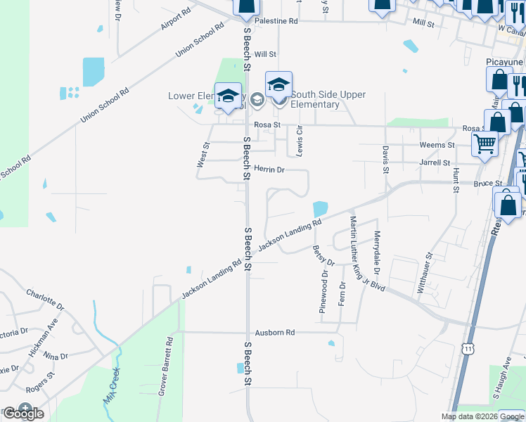 map of restaurants, bars, coffee shops, grocery stores, and more near 866-872 Herring Drive in Picayune