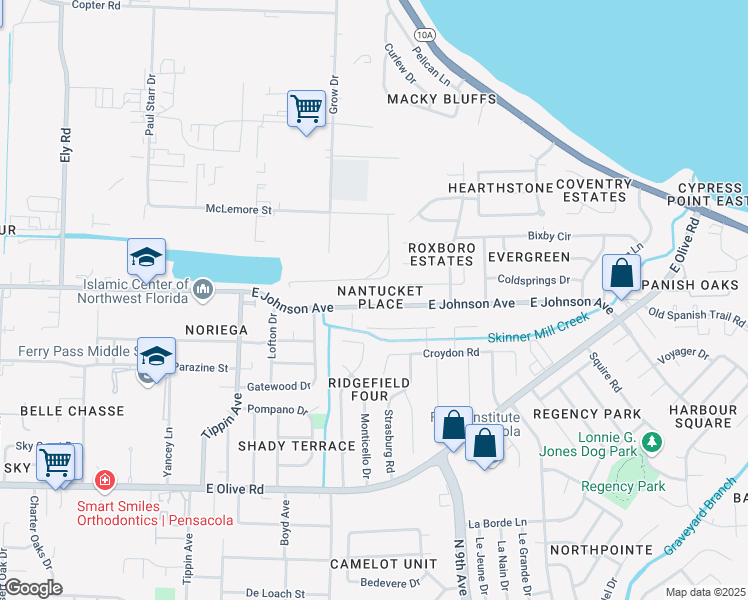 map of restaurants, bars, coffee shops, grocery stores, and more near 8538 Nantucket Place in Pensacola