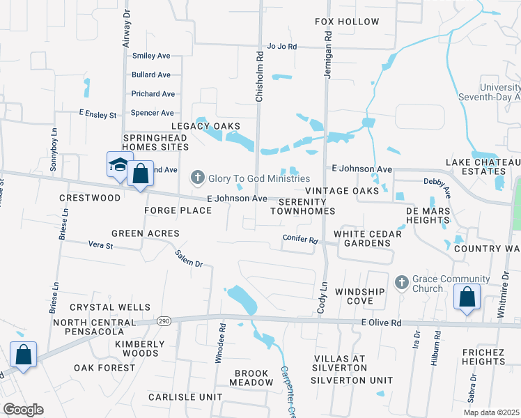 map of restaurants, bars, coffee shops, grocery stores, and more near 8462 Chisholm Road in Pensacola