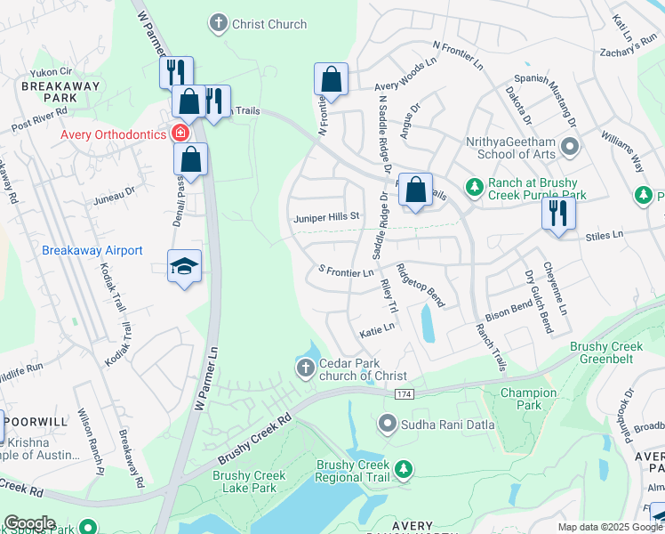map of restaurants, bars, coffee shops, grocery stores, and more near 3704 Longhorn Acres Street in Cedar Park