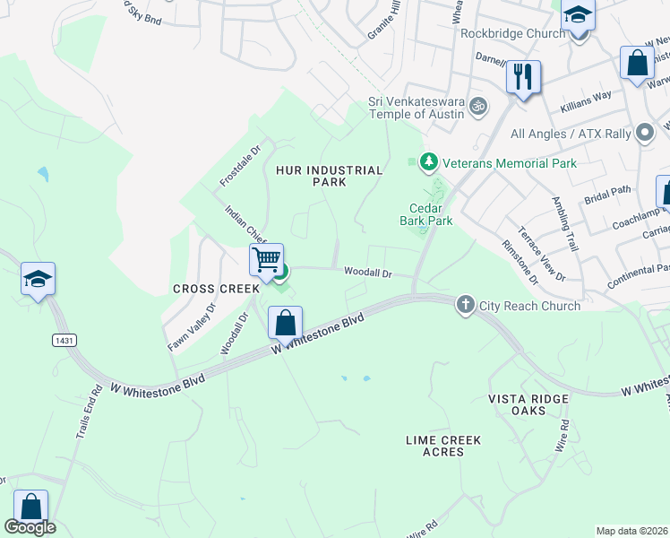 map of restaurants, bars, coffee shops, grocery stores, and more near Woodall Drive in Cedar Park