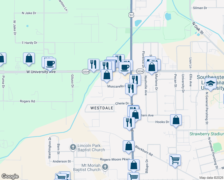 map of restaurants, bars, coffee shops, grocery stores, and more near 45616 University Park Drive in Hammond