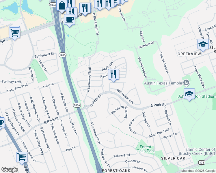 map of restaurants, bars, coffee shops, grocery stores, and more near 113 Tulip Trail Bend in Cedar Park