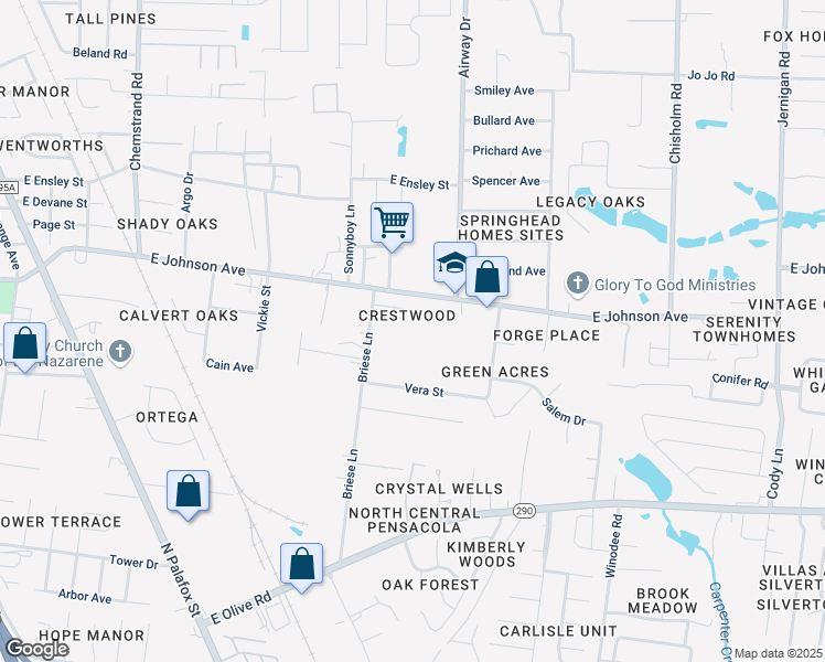map of restaurants, bars, coffee shops, grocery stores, and more near 364 Pine Ridge Lane in Pensacola