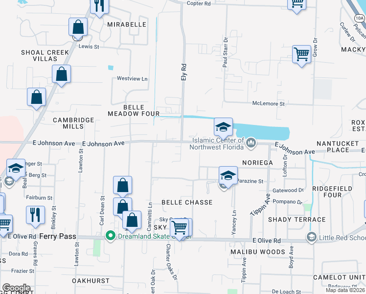 map of restaurants, bars, coffee shops, grocery stores, and more near 3000 East Johnson Avenue in Pensacola