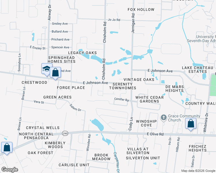 map of restaurants, bars, coffee shops, grocery stores, and more near 8458 Chisholm Road in Pensacola