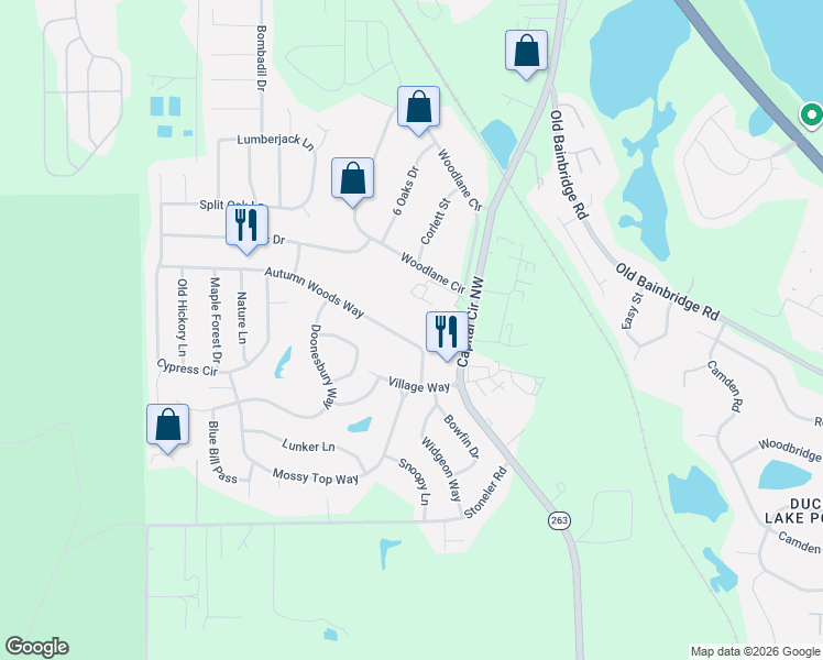 map of restaurants, bars, coffee shops, grocery stores, and more near 5135 Woodlane Circle in Tallahassee