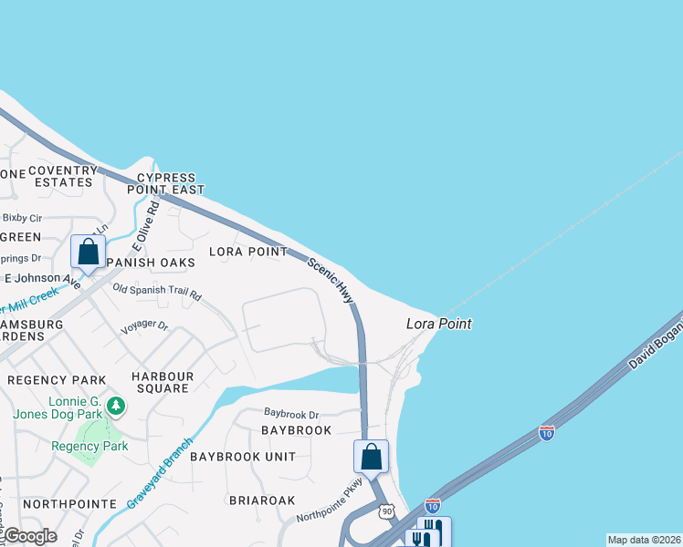 map of restaurants, bars, coffee shops, grocery stores, and more near 8550 Scenic Highway in Pensacola