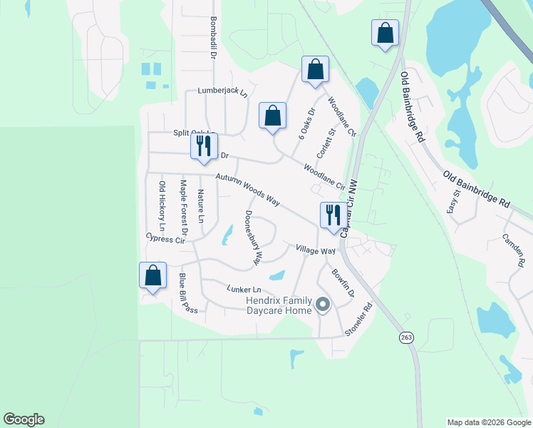 map of restaurants, bars, coffee shops, grocery stores, and more near 4557 Hickory Forest Circle in Tallahassee