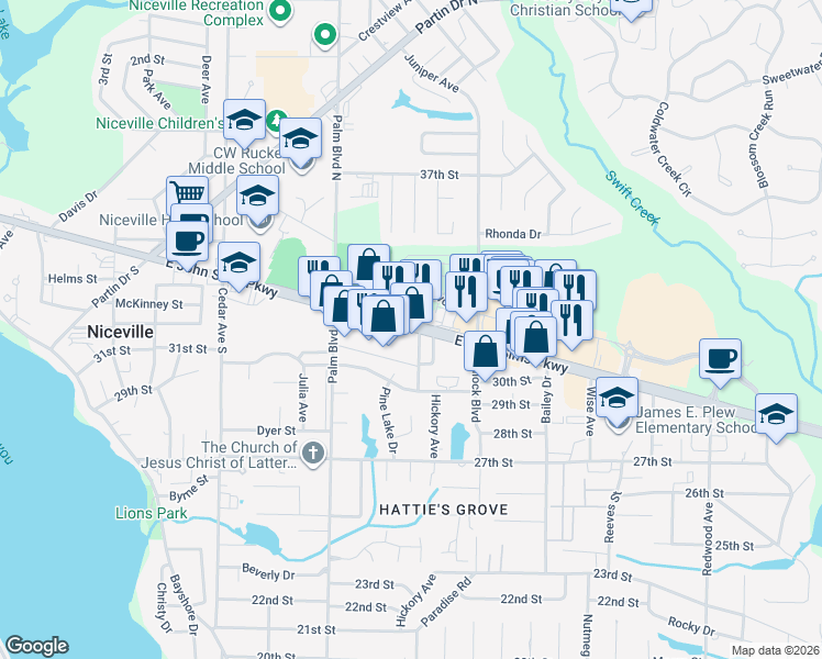 map of restaurants, bars, coffee shops, grocery stores, and more near 1052 E John Sims Pkwy in Niceville
