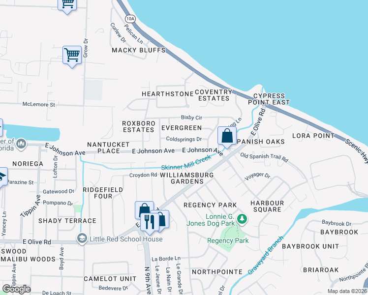map of restaurants, bars, coffee shops, grocery stores, and more near 4228 East Johnson Avenue in Pensacola