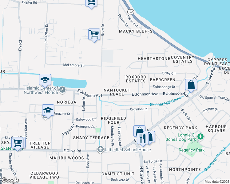 map of restaurants, bars, coffee shops, grocery stores, and more near 8538 Nantucket Place in Pensacola