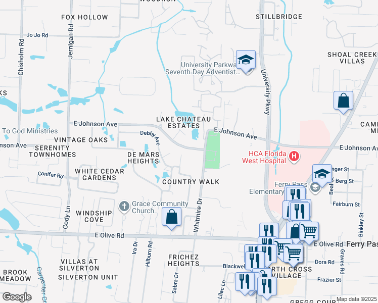 map of restaurants, bars, coffee shops, grocery stores, and more near 1469 East Johnson Avenue in Pensacola