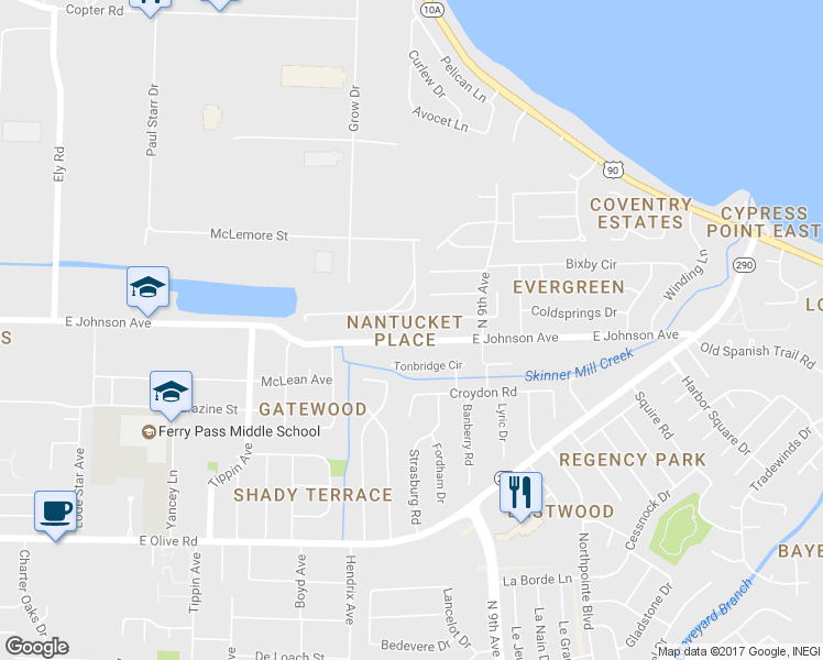 map of restaurants, bars, coffee shops, grocery stores, and more near 8512 Nantucket Place in Pensacola