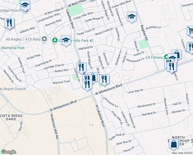 map of restaurants, bars, coffee shops, grocery stores, and more near 1205 Knoll Ridge Drive in Cedar Park