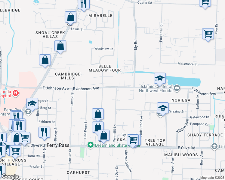 map of restaurants, bars, coffee shops, grocery stores, and more near 2881 East Johnson Avenue in Pensacola