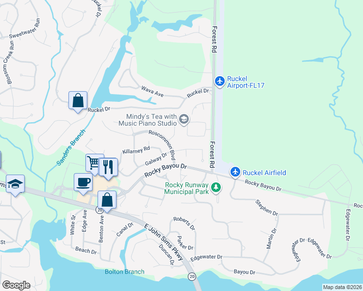 map of restaurants, bars, coffee shops, grocery stores, and more near 402 Bally Way in Niceville