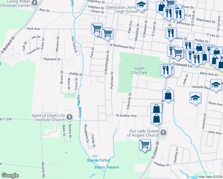 map of restaurants, bars, coffee shops, grocery stores, and more near 1729 Parkview Drive in Opelousas