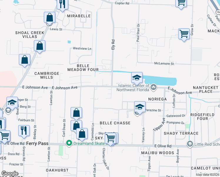 map of restaurants, bars, coffee shops, grocery stores, and more near 2902-2978 East Johnson Avenue in Pensacola