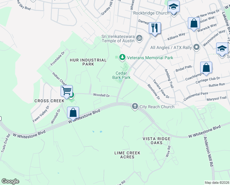 map of restaurants, bars, coffee shops, grocery stores, and more near 2525 West New Hope Drive in Cedar Park