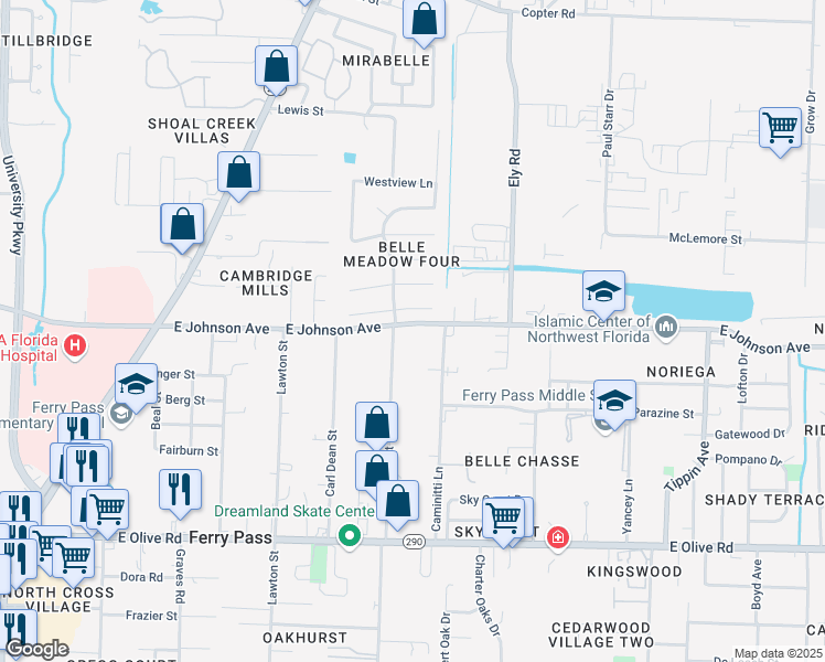 map of restaurants, bars, coffee shops, grocery stores, and more near 2809 East Johnson Avenue in Pensacola