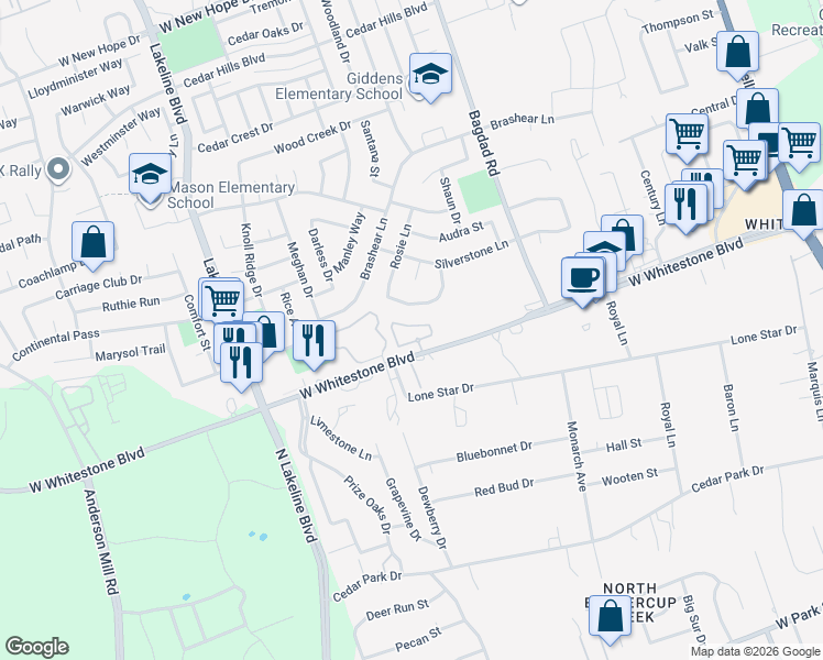 map of restaurants, bars, coffee shops, grocery stores, and more near 1201 West Whitestone Boulevard in Cedar Park