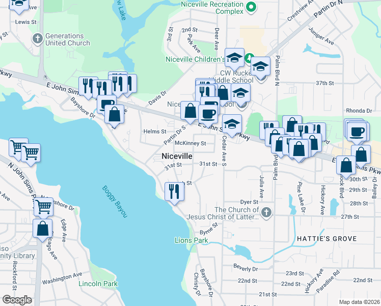 map of restaurants, bars, coffee shops, grocery stores, and more near 623 McKinney Street in Niceville