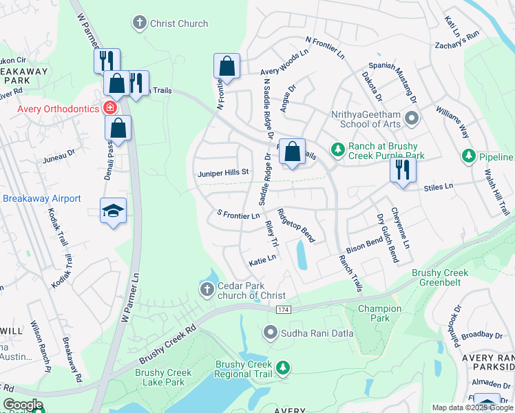 map of restaurants, bars, coffee shops, grocery stores, and more near 315 Saddle Ridge Drive in Cedar Park