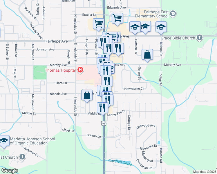 map of restaurants, bars, coffee shops, grocery stores, and more near 327 North Greeno Road in Fairhope