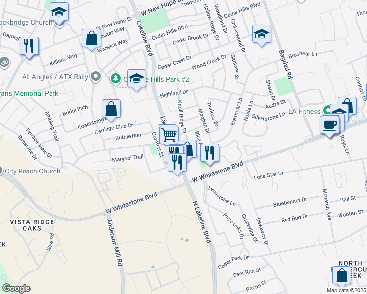 map of restaurants, bars, coffee shops, grocery stores, and more near 1205 Knoll Ridge Drive in Cedar Park