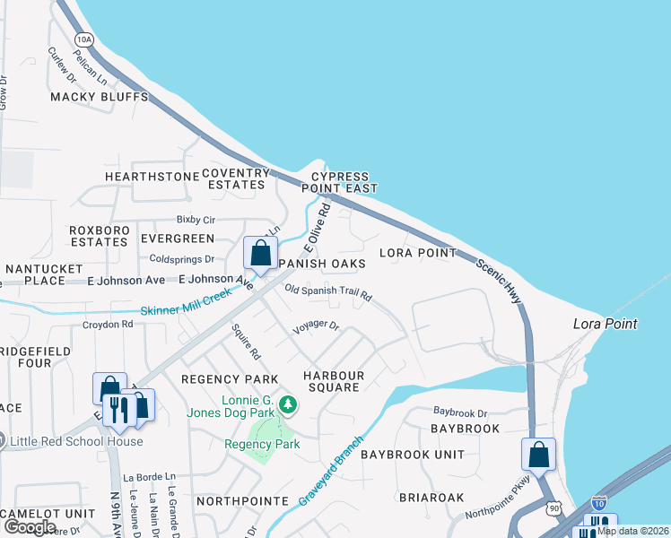 map of restaurants, bars, coffee shops, grocery stores, and more near 4629 Calle Ventoso in Pensacola