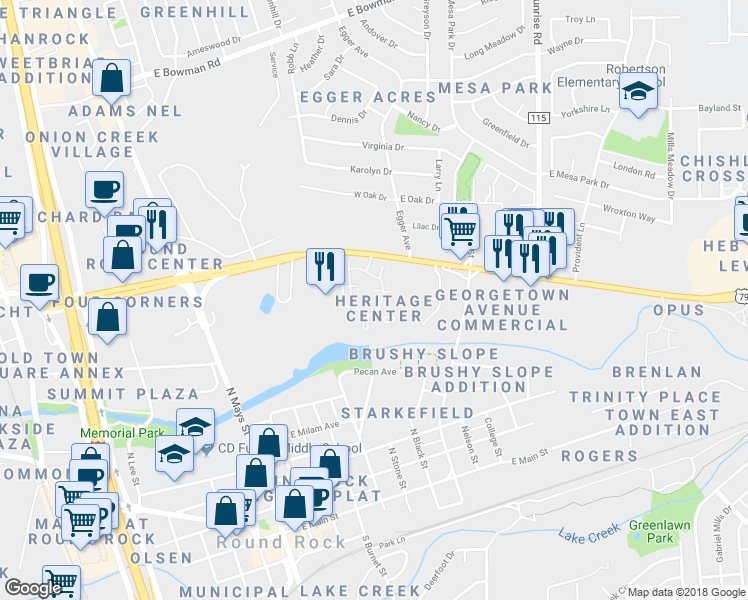 map of restaurants, bars, coffee shops, grocery stores, and more near 515 Palm Valley Boulevard in Round Rock