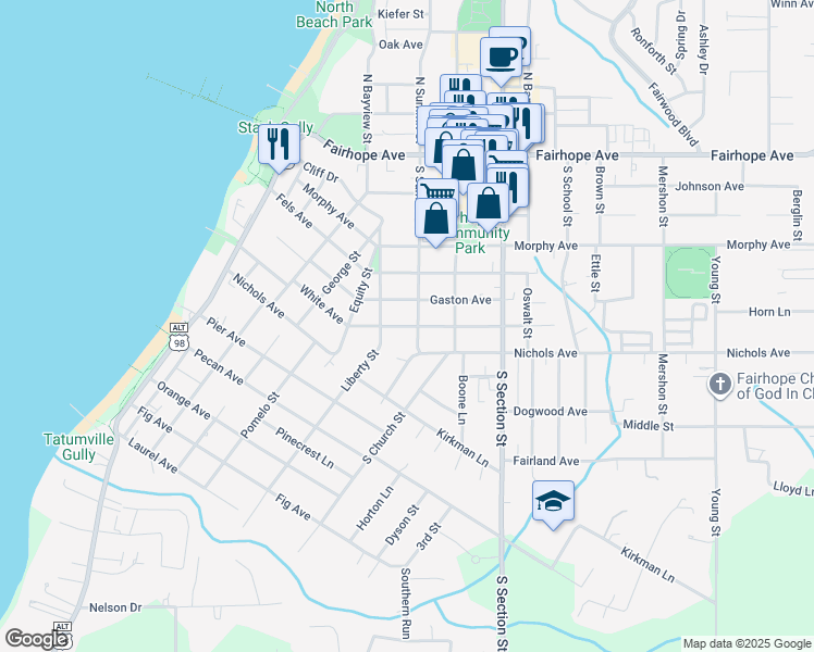 map of restaurants, bars, coffee shops, grocery stores, and more near White Avenue in Fairhope