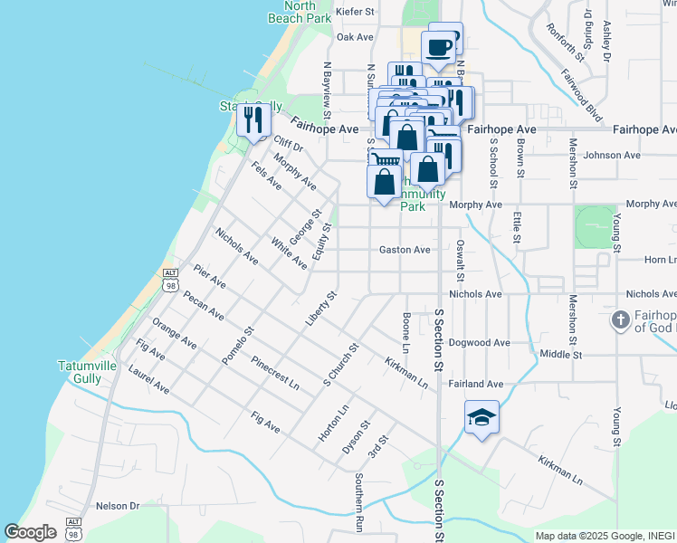 map of restaurants, bars, coffee shops, grocery stores, and more near White Avenue in Fairhope