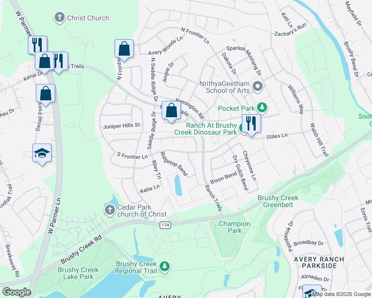 map of restaurants, bars, coffee shops, grocery stores, and more near 306 Steer Acres Court in Cedar Park