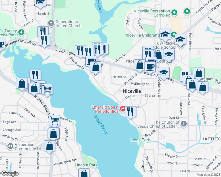 map of restaurants, bars, coffee shops, grocery stores, and more near 501 McKinney Street in Niceville